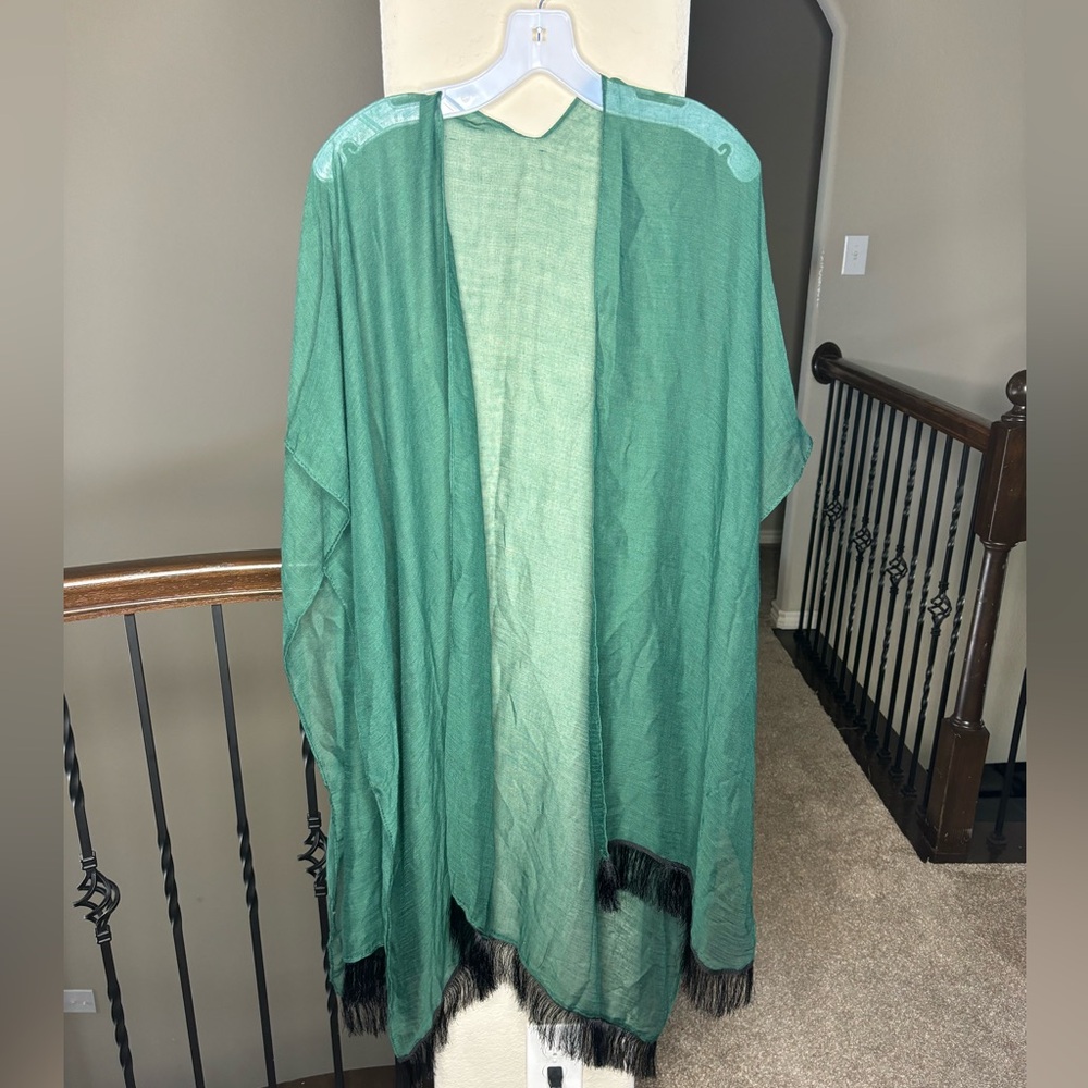 Open Front One Size Emerald Green Wrap Cover Up Beach Travel Jewel Tone